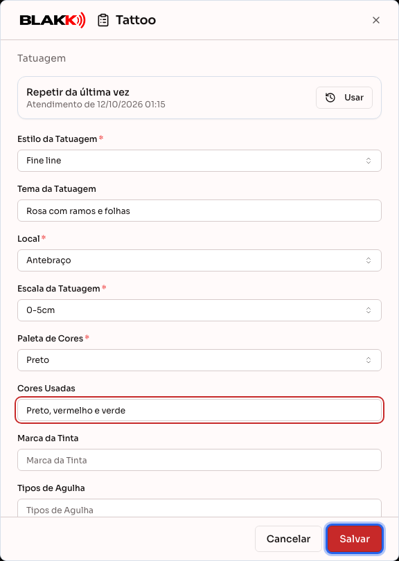Ficha técnica de tatuagem preenchida, com os campos obrigatórios marcados por asterisco