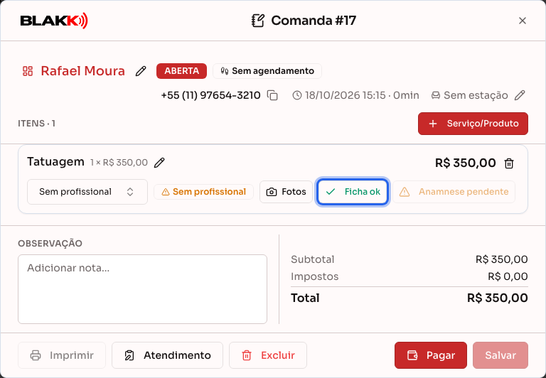 Item da comanda com o selo Ficha ok, em verde, depois de salvar a ficha