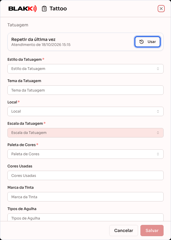Ficha nova com o bloco Repetir da última vez e o botão Usar