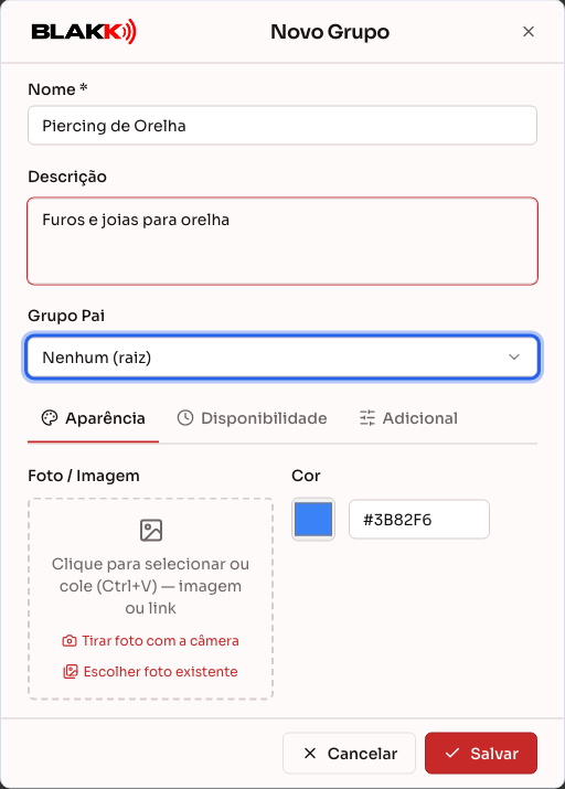 Diálogo Novo Grupo, com o nome preenchido, o campo Grupo Pai e as abas abaixo