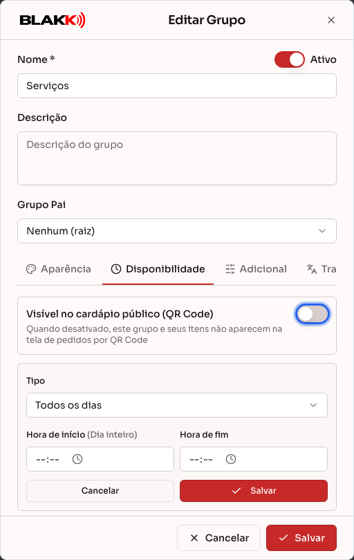 Aba Disponibilidade do grupo, com o quadro de novo horário aberto