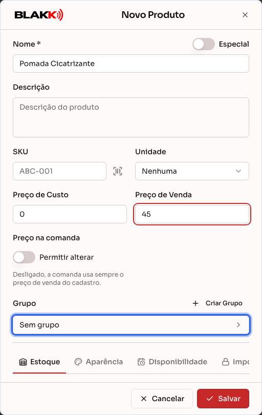 Cadastro de produto, com o campo Grupo e o atalho Criar Grupo