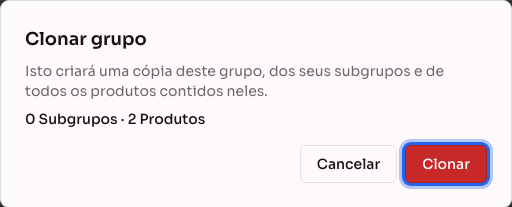 Confirmação de clonar grupo, mostrando quantos subgrupos e produtos serão copiados