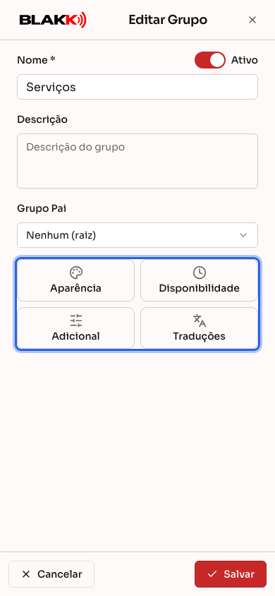 Edição de grupo no celular, com as abas como botões