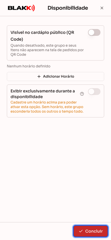 Aba Disponibilidade aberta em tela cheia no celular, com o botão Concluir