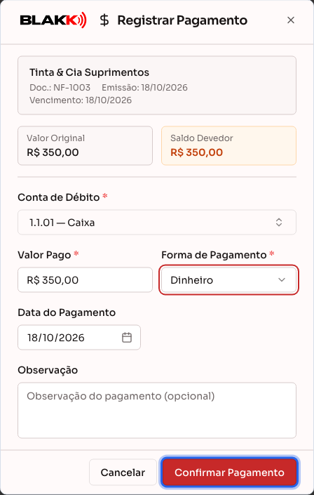 Diálogo de pagamento com a conta de débito e a forma de pagamento escolhidas