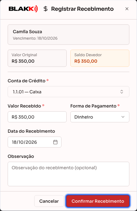 Diálogo de recebimento com a conta de crédito e a forma de pagamento escolhidas