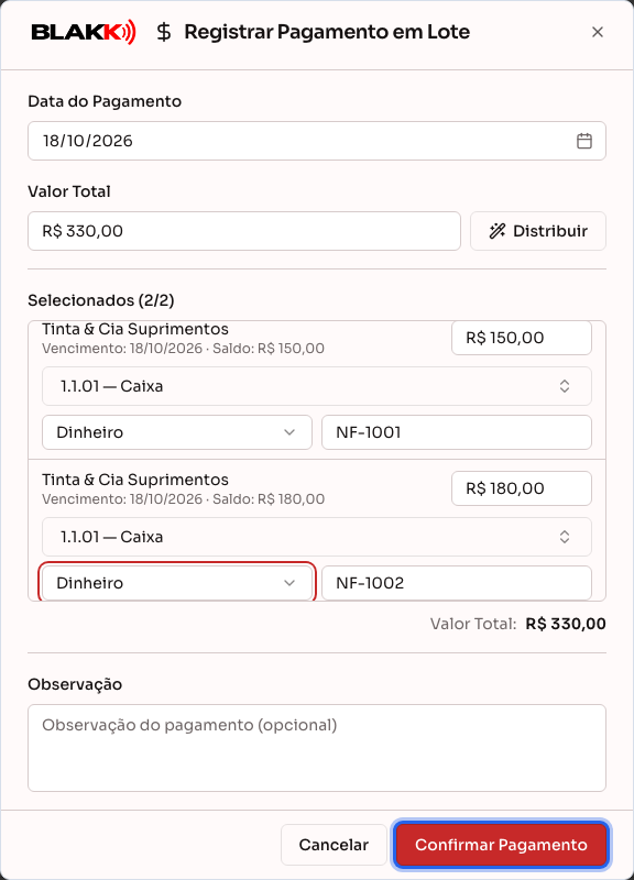 Diálogo de pagamento em lote, com as duas despesas selecionadas e prontas