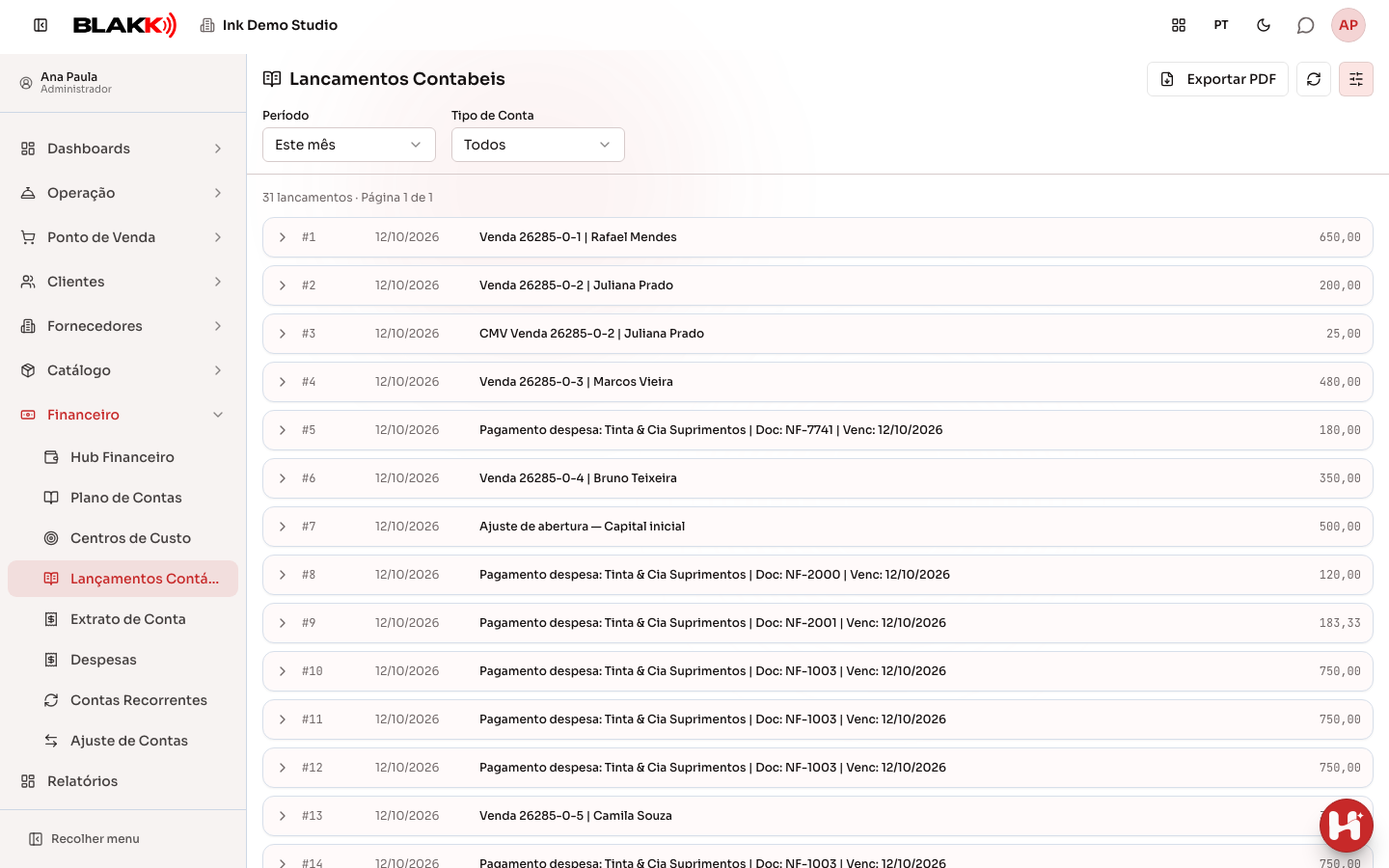 Lista de lançamentos contábeis do mês atual