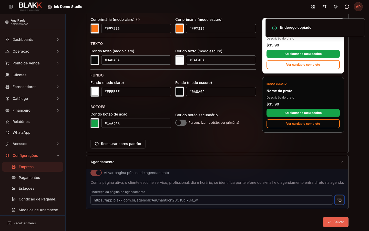 Endereço copiado, com o aviso de confirmação na tela