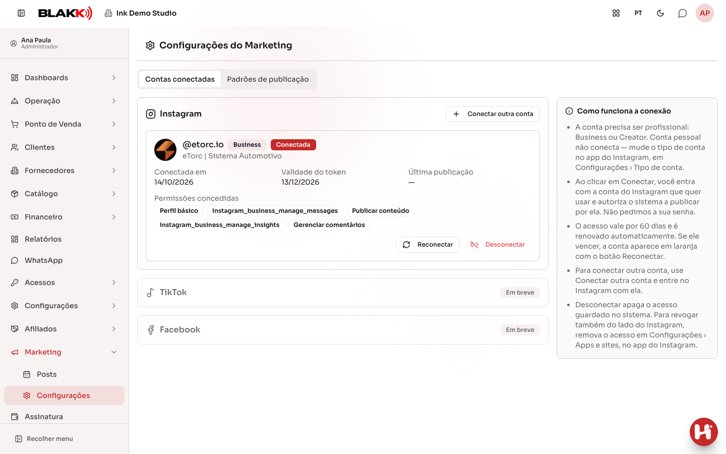 Configurações do Marketing na aba Contas conectadas, com os cartões do Instagram, TikTok e Facebook e o quadro Como funciona a conexão