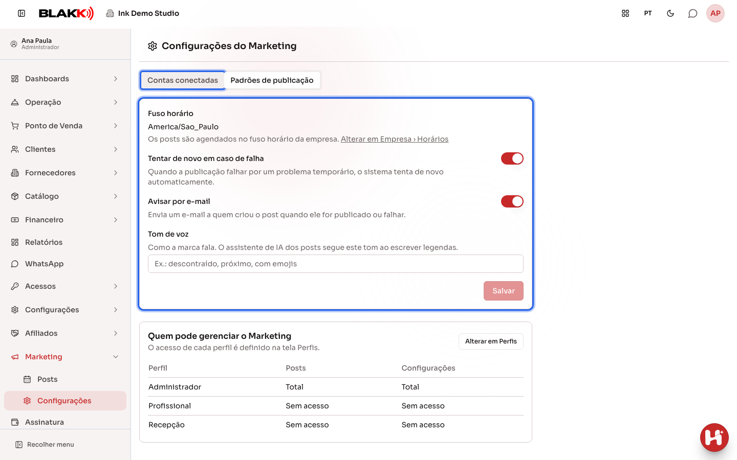 Aba Padrões de publicação com o fuso horário, Tentar de novo em caso de falha, Avisar por e-mail e Tom de voz