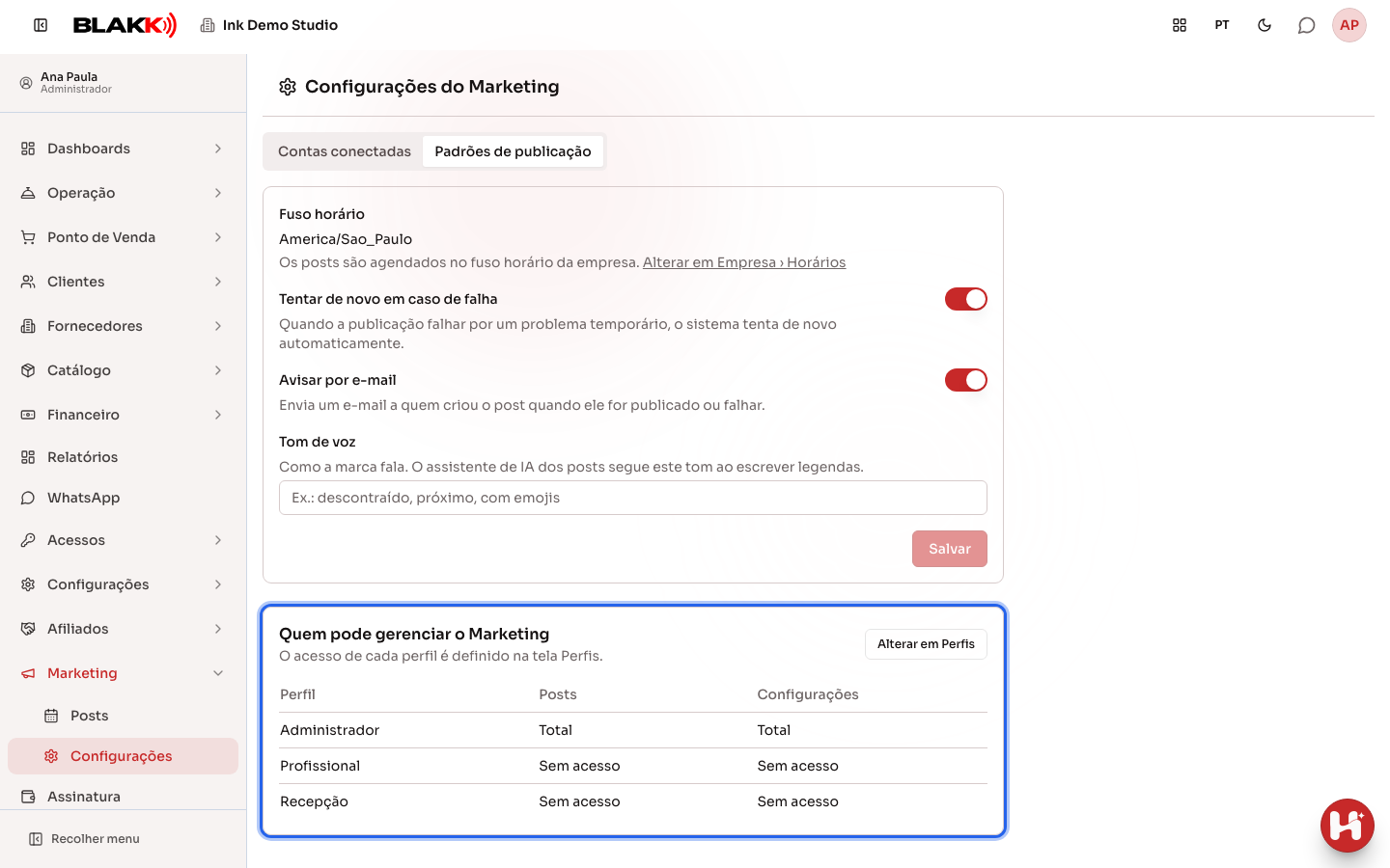 Lista Quem pode gerenciar o Marketing, com o nível de cada perfil em Posts e em Configurações