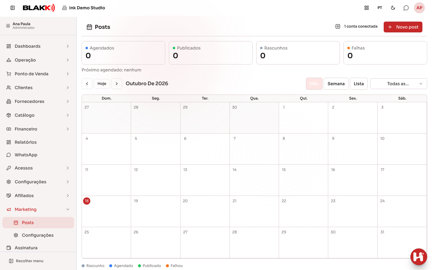 Calendário de posts na visão Mês, com os indicadores de agendados, publicados, rascunhos e falhas