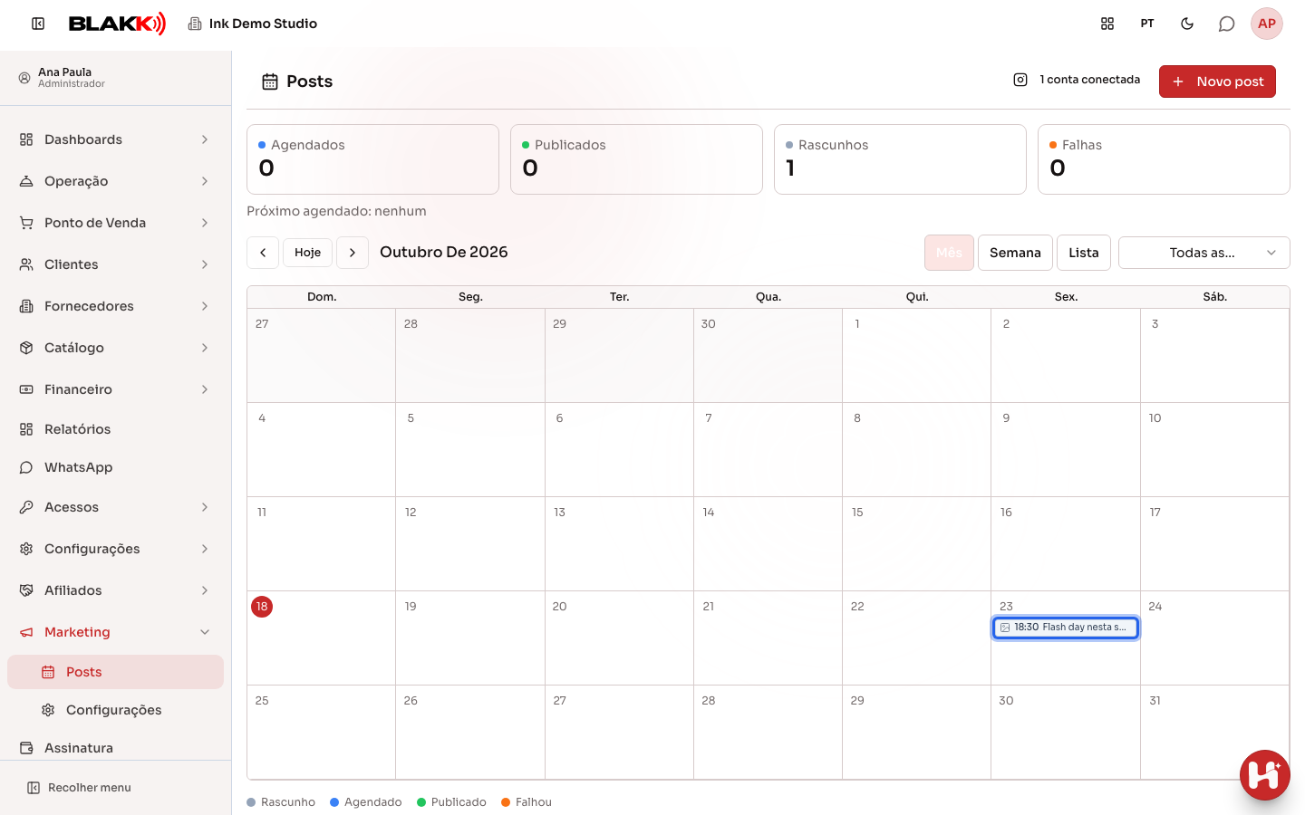 Calendário com o rascunho no dia escolhido, pronto para ser aberto ou arrastado para outro dia