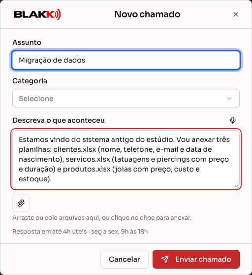 Diálogo Novo chamado preenchido para pedir a migração de dados