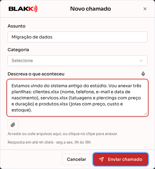 Diálogo Novo chamado com o botão Enviar chamado