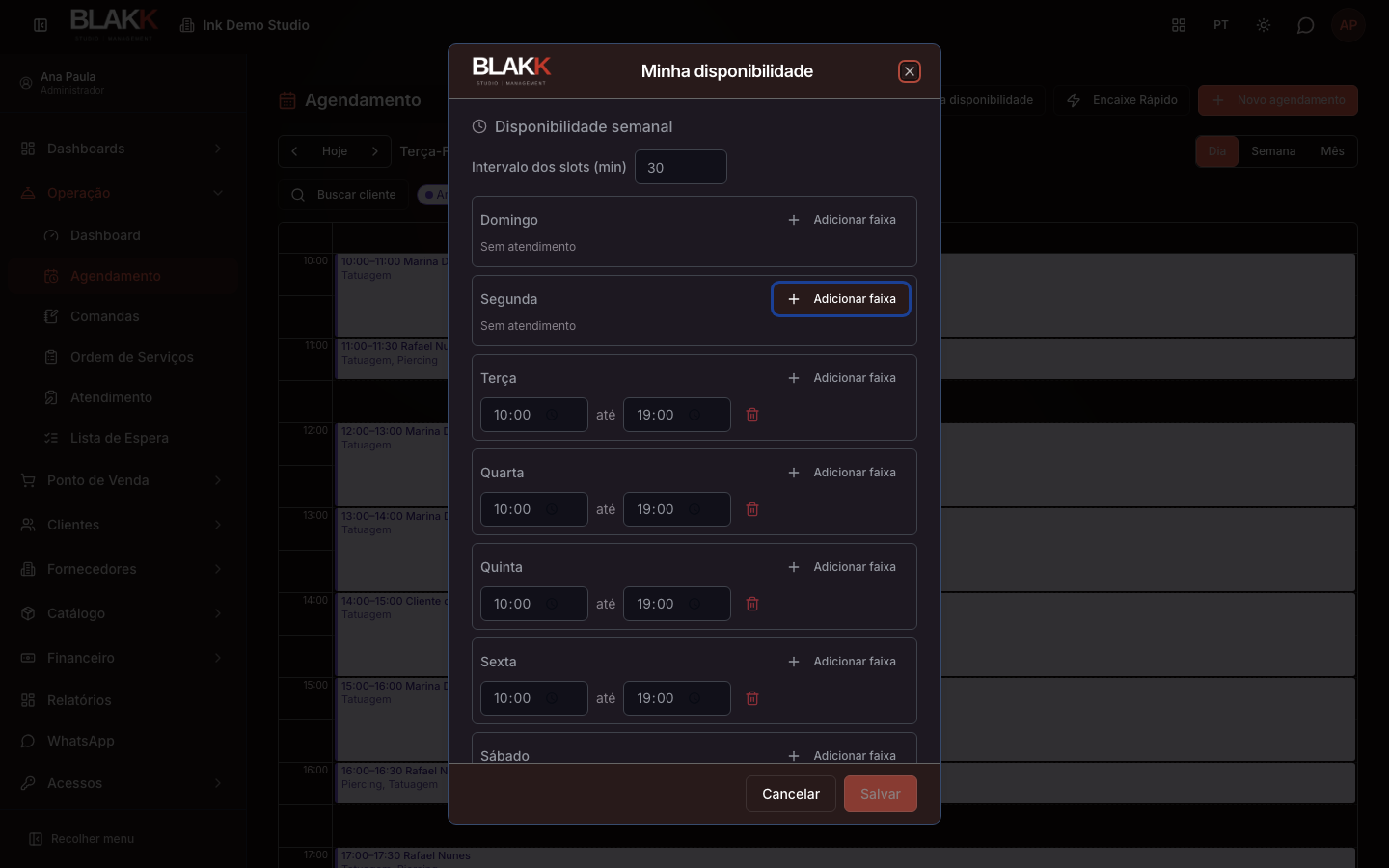 Diálogo Minha disponibilidade recém-aberto, com os horários já configurados no onboarding