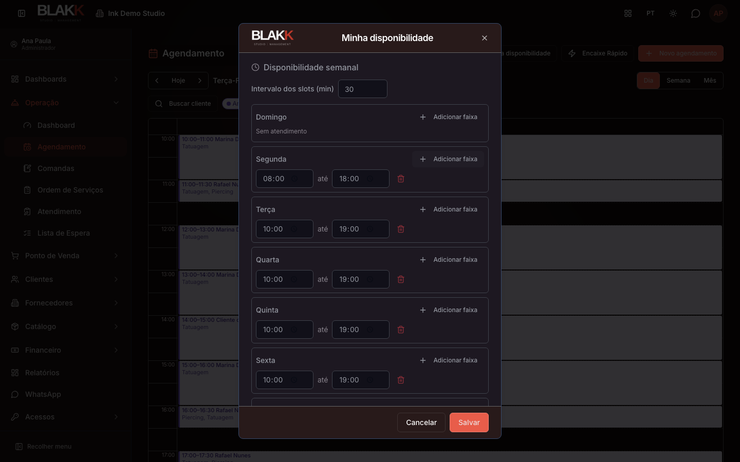 Faixa de segunda-feira adicionada, além dos dias já configurados