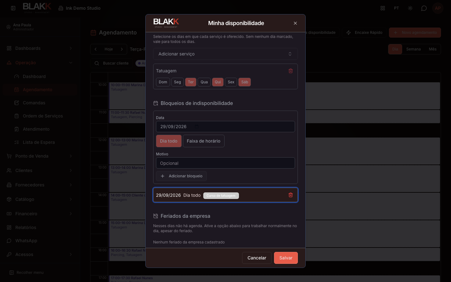 Bloqueio de um dia inteiro adicionado, com o motivo preenchido