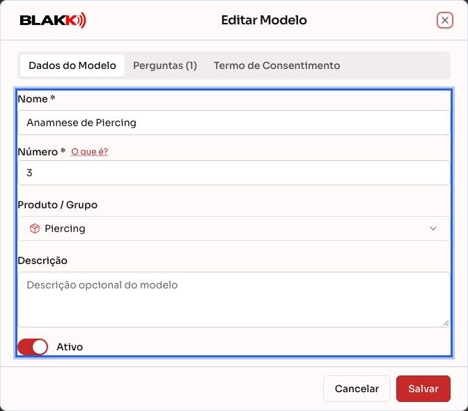 Novo modelo de anamnese, com nome, número e o serviço Piercing escolhidos