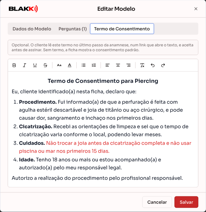 Aba Termo de Consentimento do modelo, com o termo de piercing colado no editor