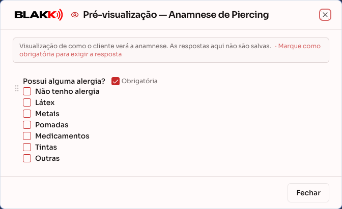 Pré-visualização do modelo, mostrando o questionário como o cliente vai ver