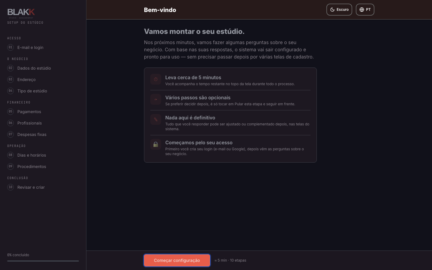 Tela de boas-vindas do cadastro, com o botão Começar configuração em destaque