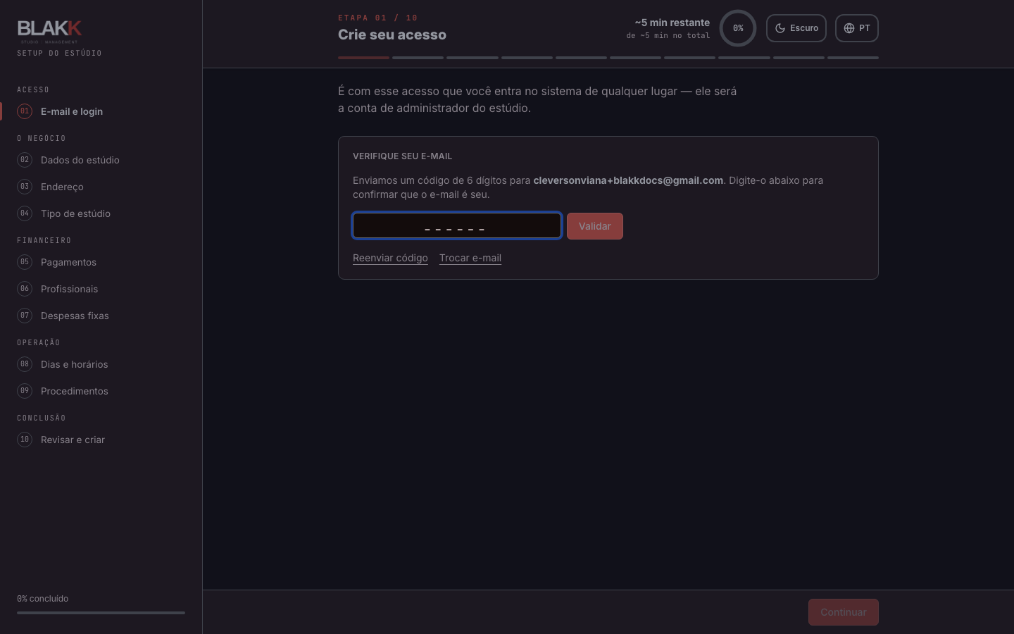 Tela pedindo o código de 6 dígitos enviado por e-mail