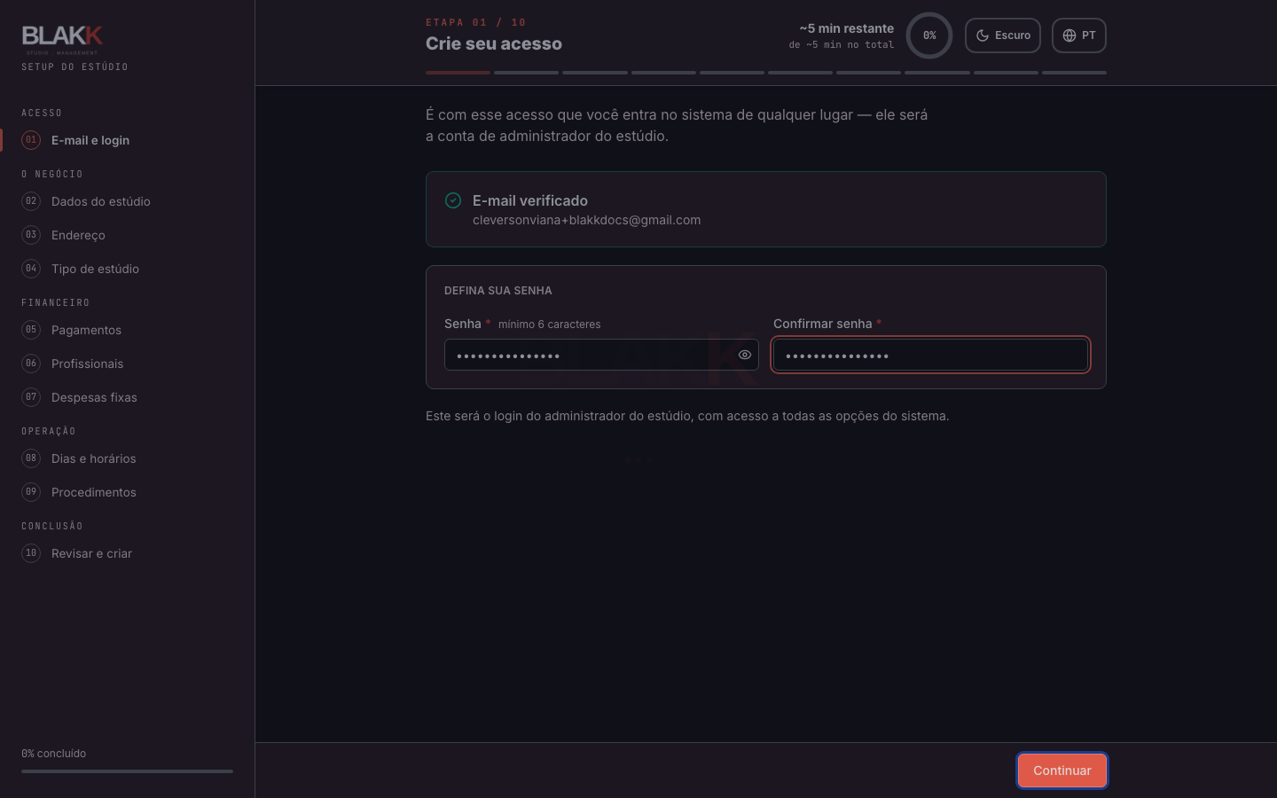 Tela de definir a senha, com o e-mail já verificado