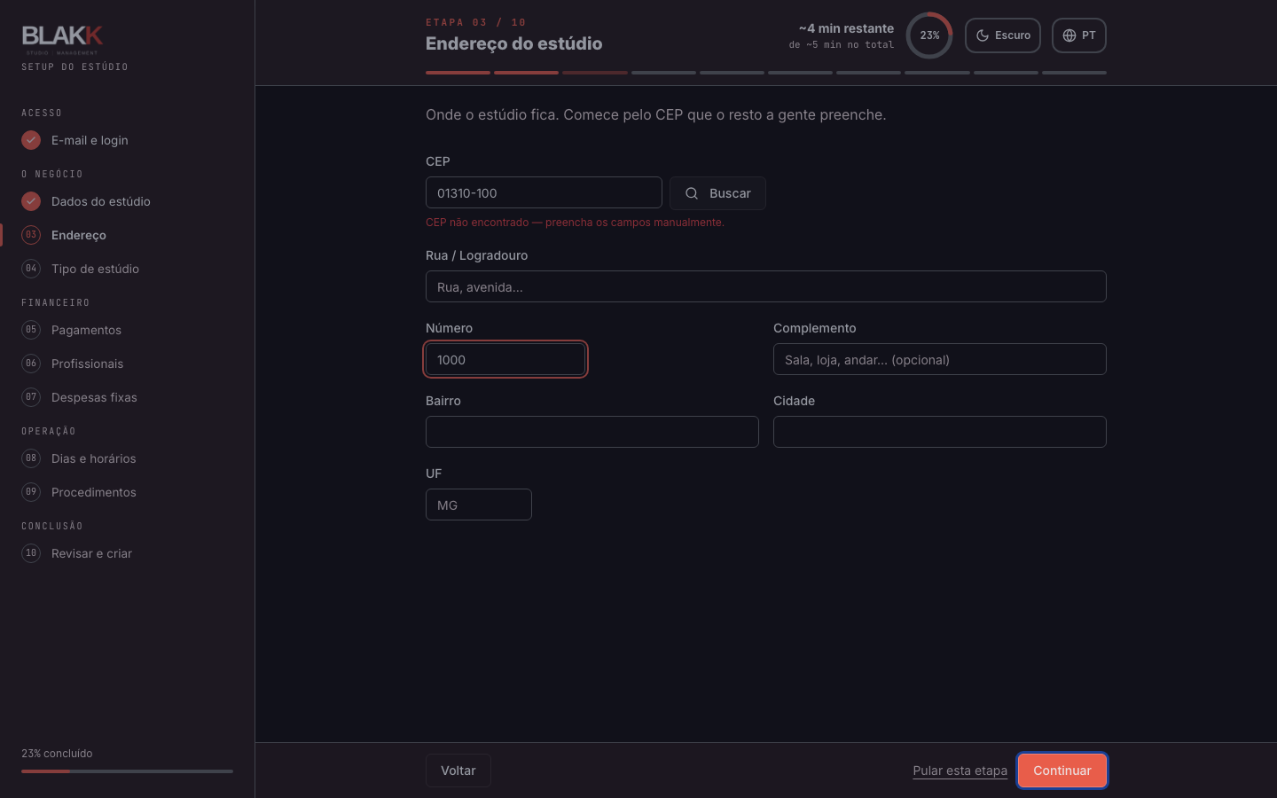 Tela de endereço do estúdio, com o aviso de CEP não encontrado e os campos liberados para preenchimento manual