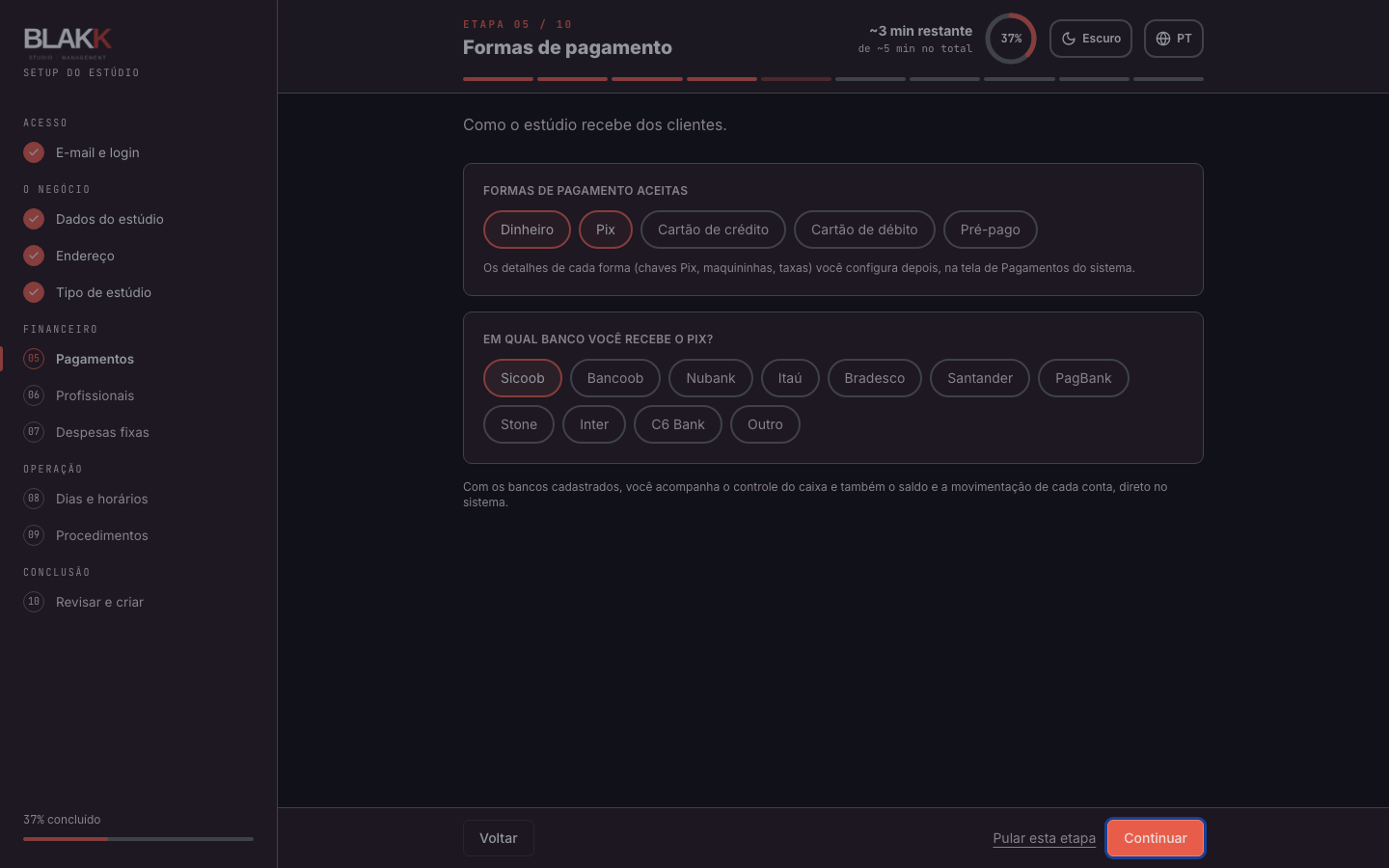 Formas de pagamento e bancos selecionados