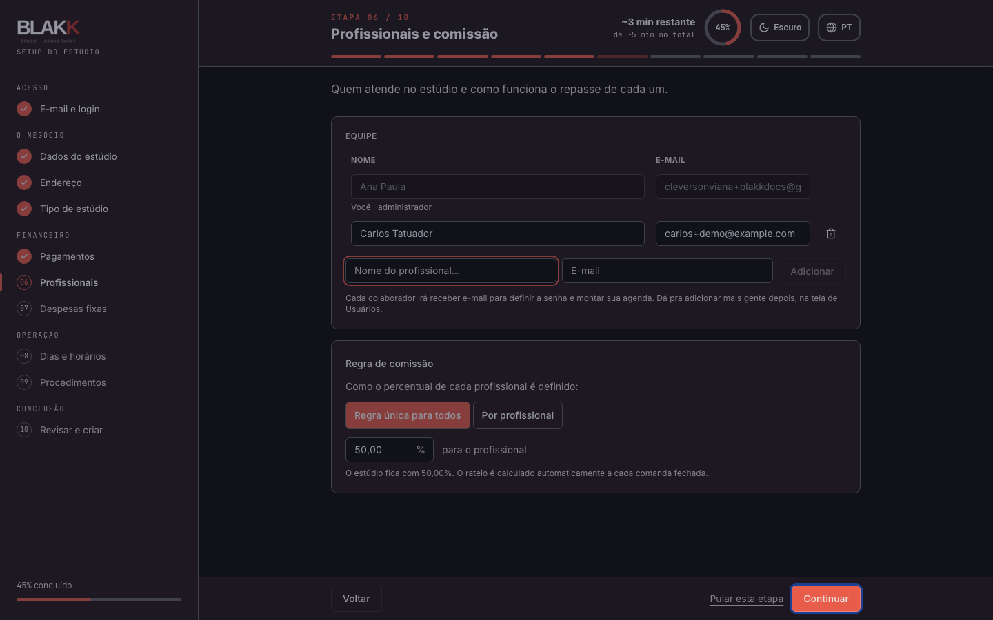 Equipe com um profissional adicionado e a regra de comissão configurada