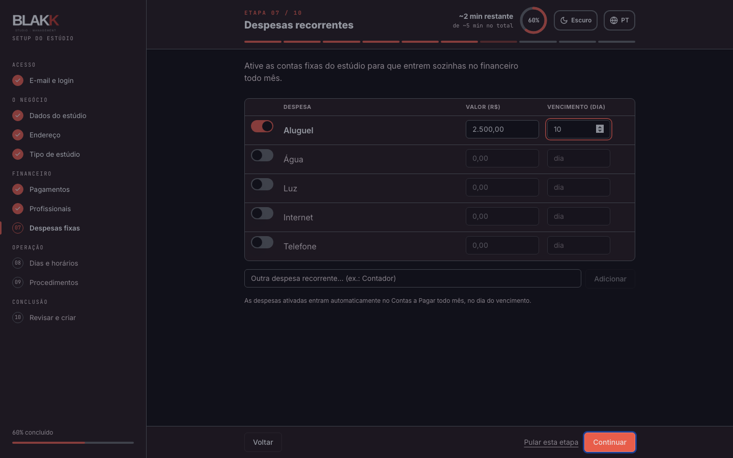 Despesa recorrente ativada com valor e dia de vencimento preenchidos