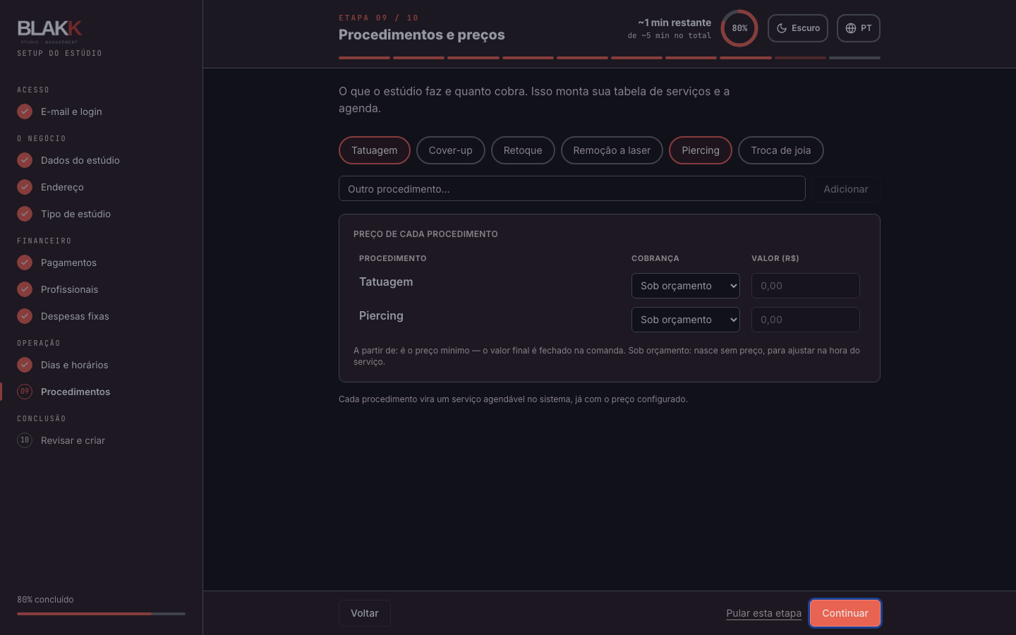 Procedimentos sugeridos com o modo de cobrança ajustado