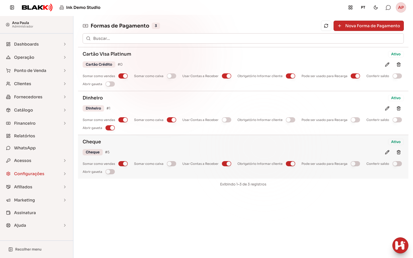 Lista de formas de pagamento, com o resumo de configurações de cada uma