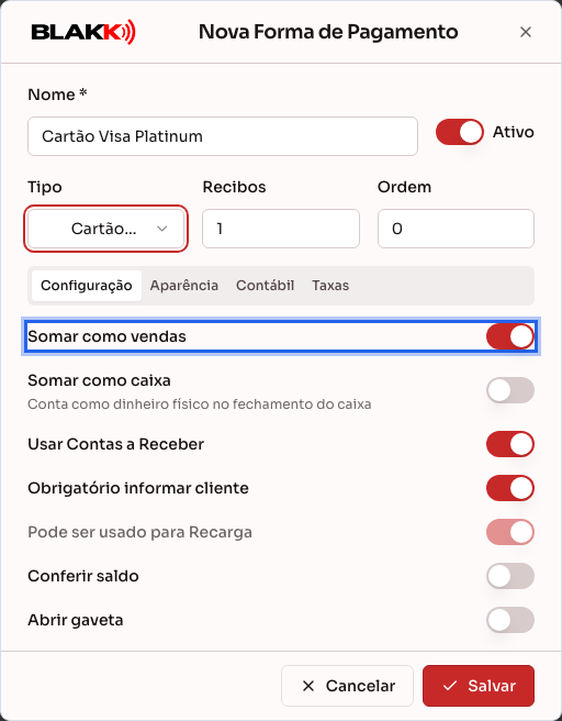 Nova forma de pagamento, com nome, tipo e configurações preenchidos