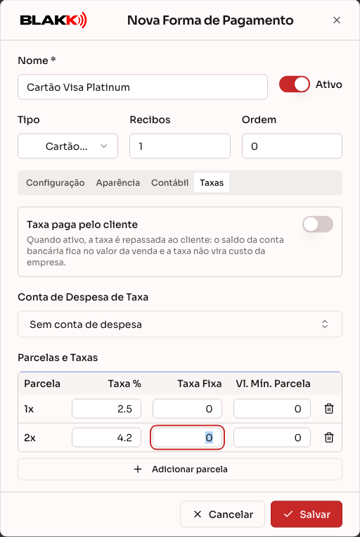 Aba Taxas com parcelas e percentuais configurados