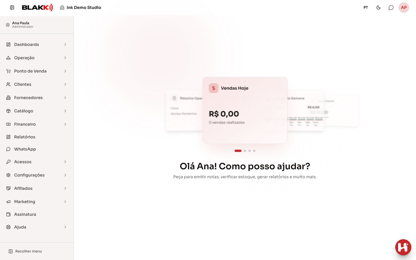 Página Inicial com o carrossel de cartões e a saudação abaixo dele