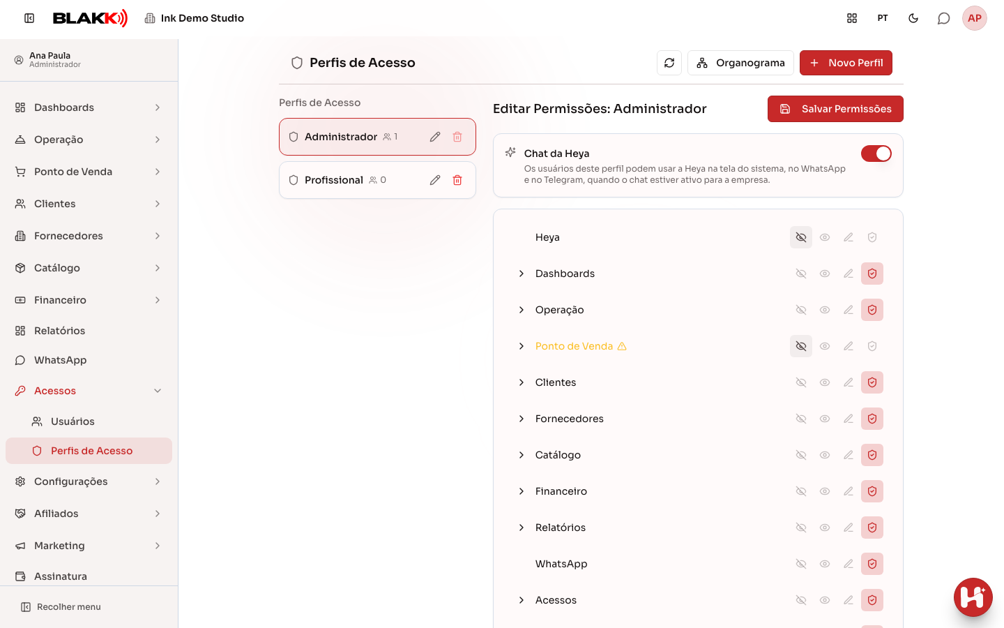 Lista de perfis de acesso, com o editor de permissões de um perfil selecionado