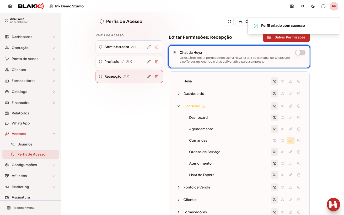 Cartão Chat da Heya desligado no editor do perfil Recepção