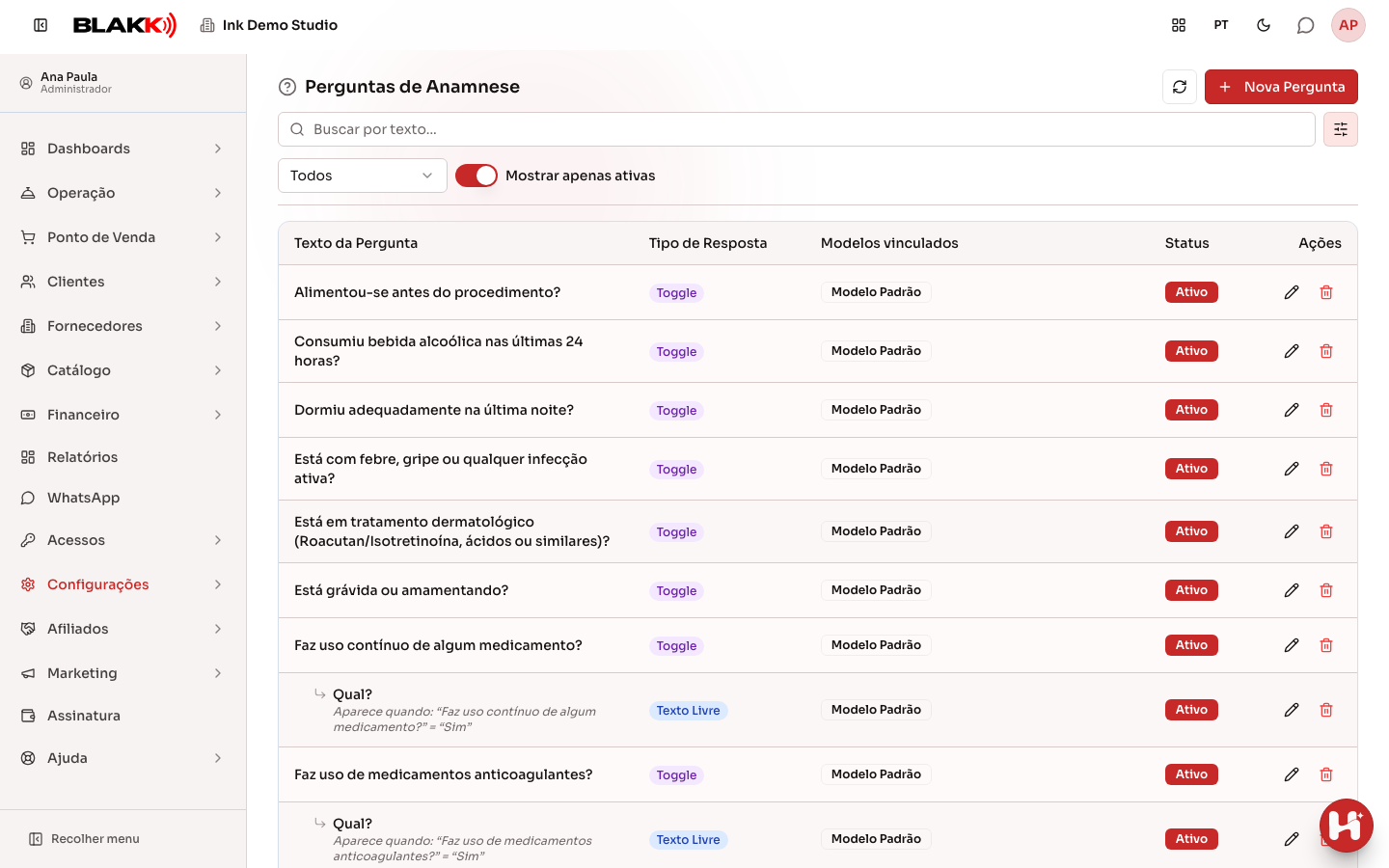 Lista de perguntas de anamnese, com uma pergunta condicional recuada