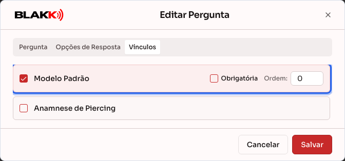 Aba Vínculos mostrando os modelos que usam essa pergunta