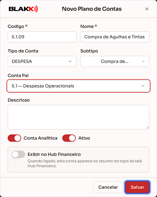 Formulário de nova conta contábil preenchido, pronto para salvar