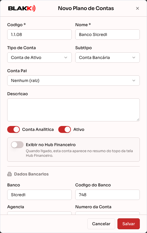 Formulário com o subtipo Conta Bancária escolhido, mostrando os campos de banco e PIX