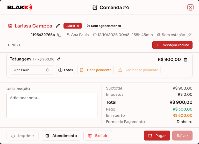 Comanda aberta a partir de uma linha do relatório