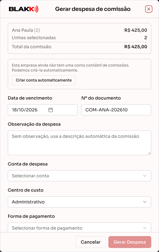 Diálogo “Gerar despesa de comissão”, com as linhas selecionadas e os campos da despesa