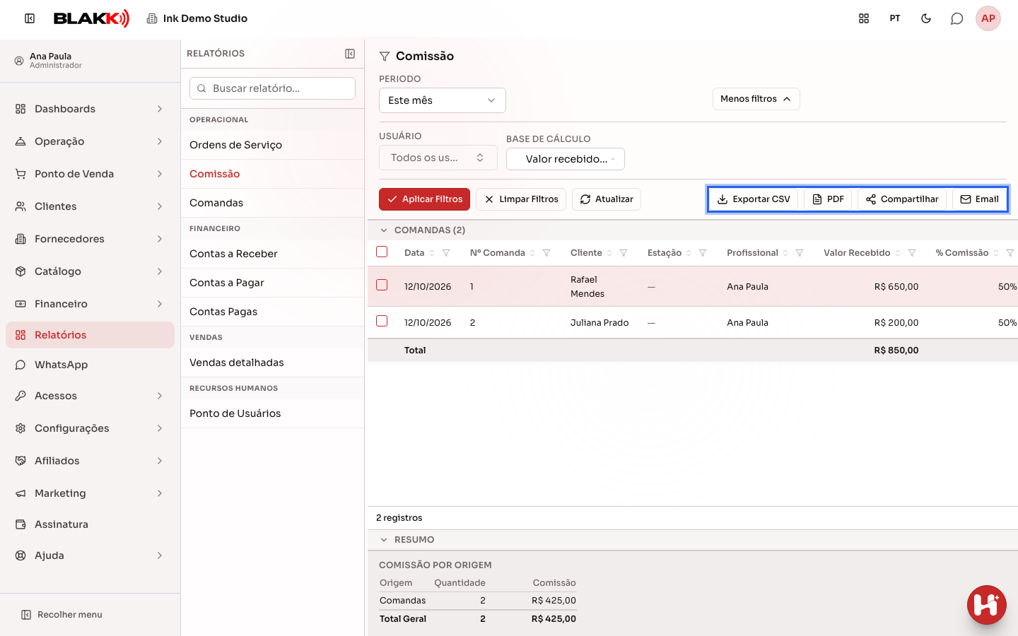 Botões de exportação do relatório: CSV, PDF, Compartilhar e Email