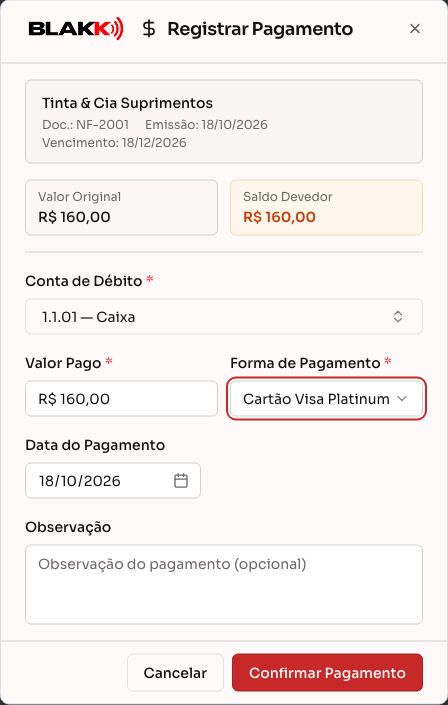Janela de registrar pagamento, com os campos preenchidos