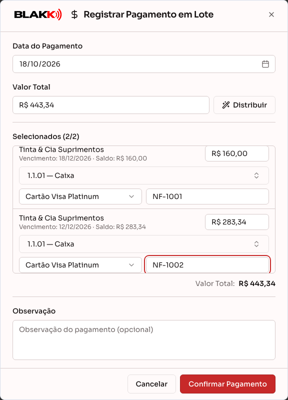 Janela de pagamento em lote, com o valor distribuído entre as despesas